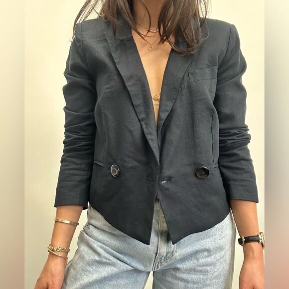 Jason Wu Blue Linen Double Breast Cropped Blazer Size M - Picture 2 of 11